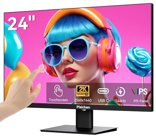 Pisichen Touchscreen-Monitor 2K 144 Hz 23,8 Zoll QHD 2560 x 1440P Computer-Monitor USBC HDMI DP-Anschlüsse Augenschonend Rahmenlos VESA-Halterung
