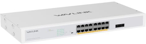 Wavlink a 18 porte Gigabit con 16 porte PoE+, 2 uplink SFP da 1000 Mbps, potenza PoE+ totale di 250 W, switch di rete non gestito con VLAN