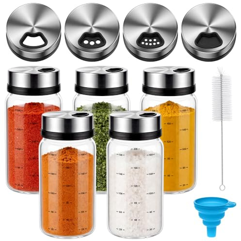 Ferenando 200ml Salt Shaker with Adjustable Pour Holes, Moisture Resistant | 5 Pack Salt Pepper Shaker, Glass Spice Jar, Seasoning Shakers with Brush & Funnel for Seasoning Kitchen, Restaurant, BBQ