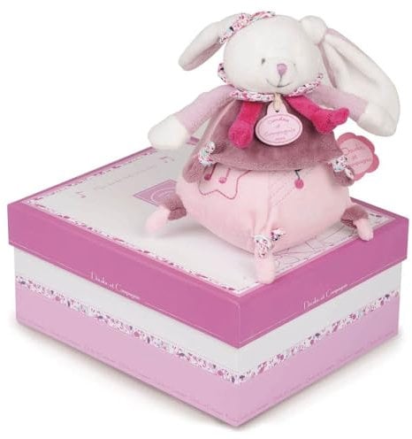 DOUDOU ET COMPAGNIE - Peluche Doudou Musicale Bébé Lapin Cerise - 17 cm - Blanc & Rose - Boîte à Musique Bébé avec Mélodie Apaisante - Idée Cadeau Naissance - Garantie Doudou Perdu - DC2704