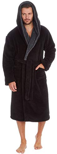 MICHAEL PAUL Dressing Gowns for Men | Super Soft Snuggle Hooded Dressing Gown |Men's Warm and Cozy Fleece Nightwear Robe | Gifts for Him BLACK grey M
