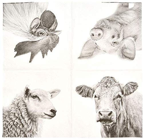 linoows 20 Servietten Bauernhof Tiere, Papier Servietten Nutztiere 33 x 33 cm