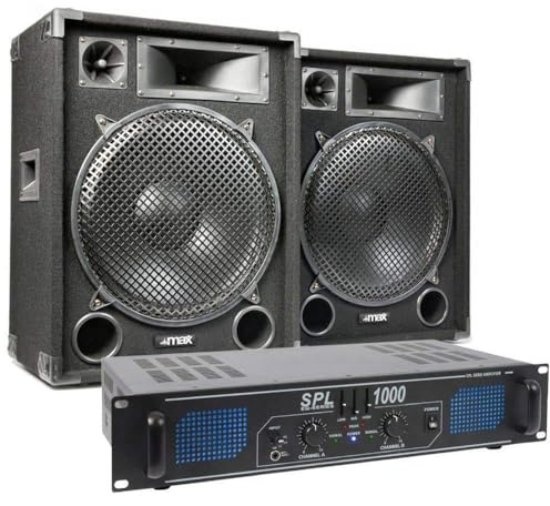 MAX15 DJ Lautsprecherset 1000 Watt inklusive SPL1000 Verstärker – 2X 15″ Passiv Boxen mit Bassreflex & Piezohorn, 35 mm Tophat, 2X 6,3 mm Klinke, Robustes Filzgehäuse, Party PA Anlage Komplettset