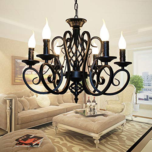 E14 Pendelleuchte Kronleuchter Vintage Industrie Kerze Lampe Esszimmer Wohnzimmerlampe, 53CM Rund Hängelampe für Landhaus Rustikal Arbeitszimmer Esstisch Decke Design Lampe, Höhenverstellbar (Schwarz)