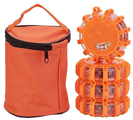 XhuangTech 4 Pack LED Road Flares, Emergency Disc Beacon with 9 Flash Modes, Magnetic Base & Hook Storage Bag Roadside Flashing Warning Lights for Car Truck Boats (4)