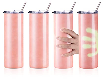 PYD Life Sublimation Rohlinge Skinny, gerade, 590 ml, Farbwechsel, magische Orange zu Gelb, Kaffeebecher mit Strohhalm, Sublimationsbecher, Flaschen, Tassen, 4 Stück