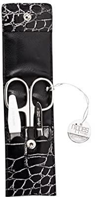 nippes Solingen Trendy Maniküre Set | 3-teilig | Schwarz | Rindsleder-Etui mit Kroko-Prägung | Nageletui mit Nagelschere, Nagelfeile und Pinzette | vernickelt | Made in Germany