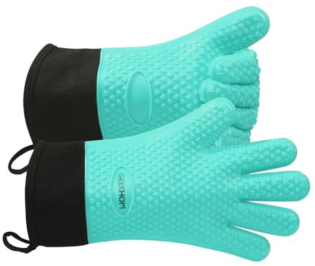 GEEKHOM Silikon Ofenhandschuhe Hitzebeständig BBQ Handschuhe Wasserdicht für Barbecue Grillen Weber Mikrowelle, Rutschfeste Küchenhandschuhe Mit Fingern, Türkis