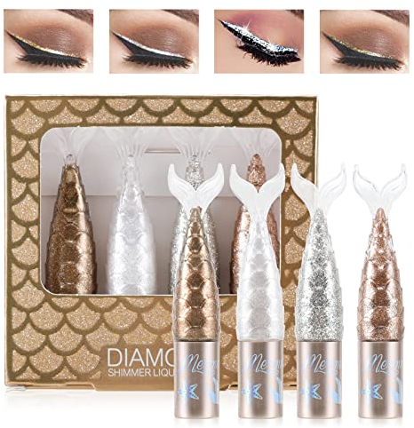Erinde 4 Colors Liquid Glitter Eyeliner Set, Metallic Shimmer Colorful Eyeshadow, Silver Gold Diamond Eye Liner Stick, Long Lasting Glow Eyeliner Eye Shadow, Ideal Christmas Makeup Gift