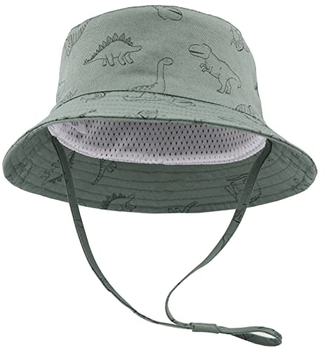 SEYUFN Bob Sonnenhut Baby-Fischerhut mit breiter Krempe Sonnenhut mädchen Verstellbarer Baumwollhut UV-Schutz Sommerhut für Kinder(Grüner Dinosaurier,1-2 Jahre)