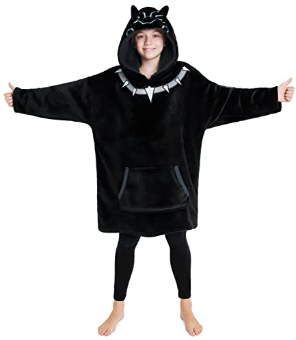 Marvel Avengers Deckenpullover Kinder Hoodie Blanket - Kuscheldecke mit Ärmeln aus weichem Fleece Material, übergroßer Kapuzenpullover für Jungen & Mädchen - Black Panther