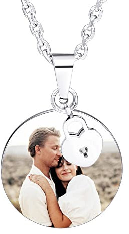 MeMeDIY Personalized Necklace for Men Women, Engraved Text/Photo Necklace with Lock/Key Charms, Stainless Steel Necklace for Couples, Customizable Gifts for Boyfriend Girlfriend(Round + Lock)