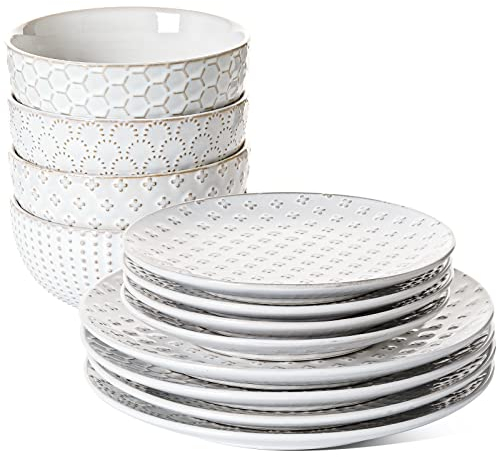 LE TAUCI Geschirrset, Teller Set 12 Teilig Für 4 Personen,Tafelservice Essgeschirr (Dinnerteller+ Dessertteller + Schüssel) x4, Spülmaschinenfest – Arktisches Weiß