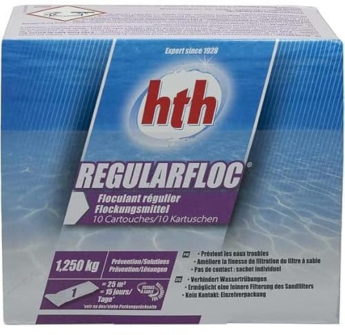 HTH Regularfloc 10 Kartuschen – 1,25 kg | reguläre Flockungsmittel in Kartusche – für Sandfilter + 10 HPS-Tests gratis 6-in-1