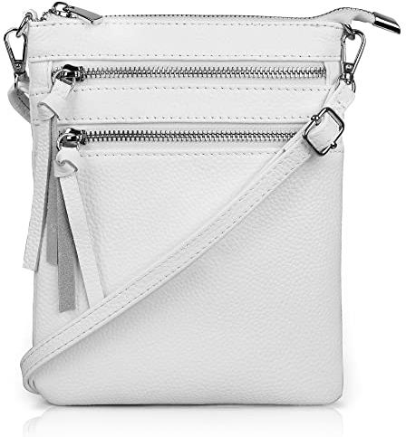 befen Echtleder Umhängetasche Damen Klein Handtasche Leder Crossbody Bag mit 4 Fächern, Handytasche zum Unhängen Damen mit verstellbarem Schultergurt, Weiß