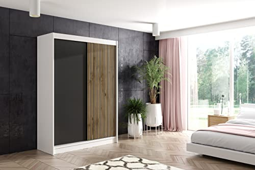ALTDECOR Kleiderschrank mit Lamel-Schiebetüren, kugelgelagerte Führungsschienen und Aluminium-Leisten - VILAN - 150 cm Weiß + Lamelle Eiche Wotan