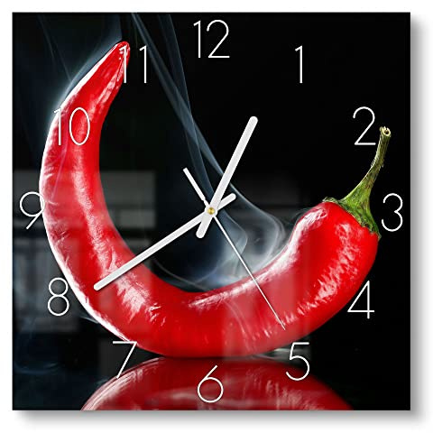 DEQORI Glasuhr | 30x30 cm | Motiv Feurige Chilischote | ausgefallene leise Design Uhr aus Glas | Wanduhr für Wohnzimmer & Küche | moderne Hingucker Uhr für die Wand