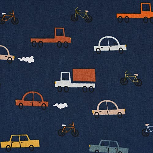 SCHÖNER LEBEN. Baumwollstoff Popeline Fahrzeuge Auto Fahrrad LKW blau bunt 1,48m