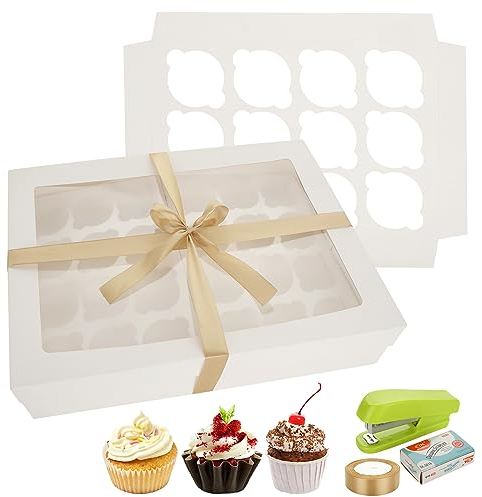 DAJAVE 10 Pcs Cupcake Boxes 24 Hole Large Cupcake Box with Window Cupcakes Boxes with Ribbon White Cup Cake Boxes for Muffins, Cupcakes, Cookies, Pastries