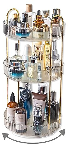 Asayuee Modern Minimalist 3-Tier Rotating Makeup Organizer, Clear & Green, 360° Rotation, 3 Compartments, Cosmetics Storage, Bathroom Countertop Organizer