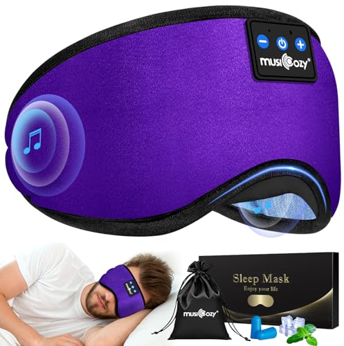 Schlafkopfhörer Bluetooth-Augenmaske für Seitenschläfer, Musicozy Schlafmasken-Kopfhörer mit integriertem Mikrofon und Lautsprechern, weiche Schlafhilfemaske für Reisen/Nickerchen (Lila)