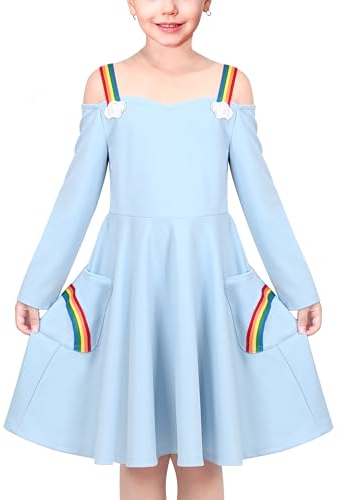 Sunny Fashion Mädchen Kleid Blau Regenbogen Wolke Spaghetti Halfter Gurt Tasche Täglich Schule Gr. 116,Blaue Regenbogenwolke,116