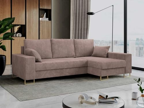 MKS MEBLE Cord Ecksofa - L-Form Cord Sofa mit Schlaffunktion - Wohnlandschaft L Form, Ecksofa mit Schlaffunktion und Bettkasten, Schlafsofa mit Bettkasten, Couch mit Schlaffunktion - Rosa Dorian