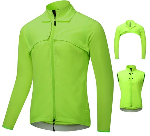 Fractilian 2 in 1 Fahrradjacke Herren Wasserdicht Atmungsaktiv Fahrradweste mit Abnehmbaren Ärmeln, Reflektierender Windschutz Fahrradmantel Langarm Radlerjacke(Size:XL,Color:Grün)