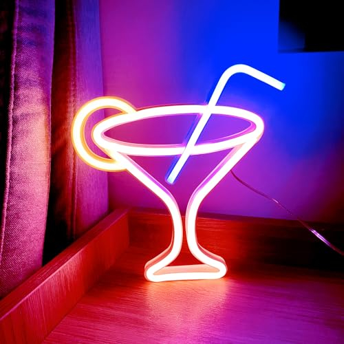 HFHungkeong Led Cocktails Neon Sign,Wine Glass Neon Light Battery and USB Dual Powered Bar Neon Night Light Signs for Wall Decor,Cocktails Night Lamp for Bar, Club, Cocktail Bar, Restaurant, Shop