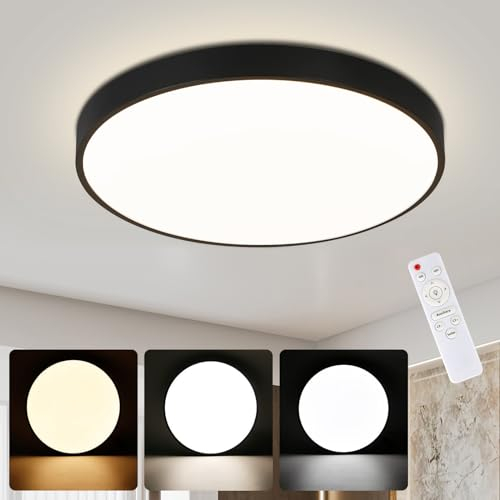 muyuua Deckenlampe LED Deckenleuchte Flach - Schlafzimmerlampe Dimmbar Kellerlampe Badlampe 30W IP44 Küchenlampe Flurlampe Ø28cm Rund Flach Badezimmerlampe mit Fernbedienung Wohnzimmer Bad Büro küche