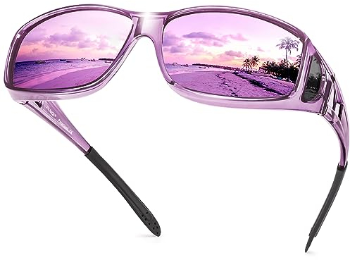 URUMQI Polarisierte Sonnenbrille Herren Damen UV400 Schutz Wrap Around Blendschutz Sonnenbrille für Brillenträger Fit over Brille Fahren Angeln Lila Rahmen