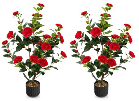 COSTWAY 95cm/3ft Artificial Camellia Tree, 1/2 PCS Faux Blooming Camellia Plant with 24/48 Flowers & Rain-Flower Pebbles, Fake Floral Plants in Cement Pots for Home Office Decor (2, Red)