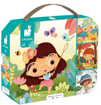 Janod - 4 Puzzles Die 4 Jahreszeiten - Evolutives Kinderpuzzle mit 6 bis 16 Teilen - Fördert Geduld und Feinmotorik Lernspiel ab 24 Monate, J02542