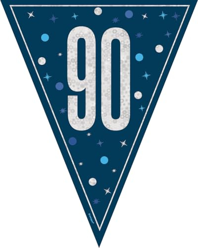 Unique 82002 Wimpelkette „Happy 90th Birthday“ – 2,74 m – Glitz Blaue Geburtstagsparty (1 Stück), Multicolour