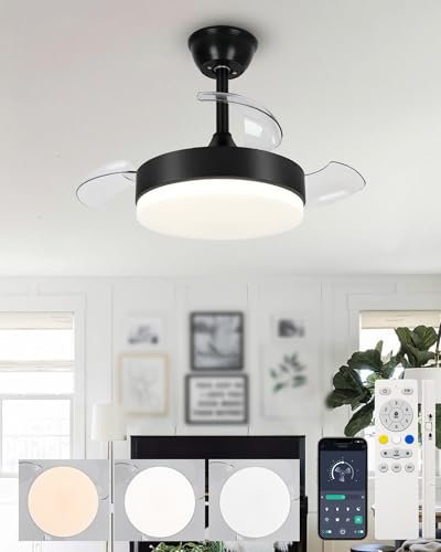 Lampadario Con Ventilatore Da Soffitto Con Luce E Telecomando, Lampadario Con Ventola Con Pale A Scomparsa, Led Dimmerabile, Motore DC Reversibile, Piccolo Pale Retrattile Per Camera Da Letto Nero