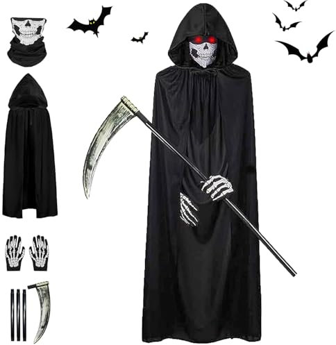 Aicerous® Déguisement Faucheuse pour adultes et enfants, Halloween Cape Faucheuse Noire, Costume Faucheuse avec Faux, Masque Crâne, Gants, pour la Halloween, Cosplay, Carnaval (B, adulte)