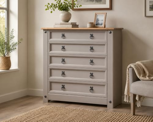 Mews Corona Grey 5 Drawer Chest of Drawers Mexican Solid Pine with Gunmetal Finish Hardware for Bedroom