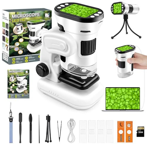 NZQXJXZ 3 en 1 Microscopio Digital para Niños y Adultos, 1000X Microscopio de Bolsillo Recargable para Captura de Fotos y Videos, Mini Microscopio Portátil con Pantalla HD de 2'' y Tarjeta TF de 32G