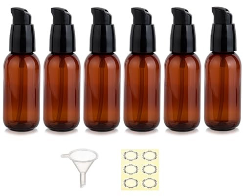 Apstaqeoo 6Pcs 50Ml Empty Lotion Pump Bottle Dispenser for Toiletries TSA Approved Pump Dispenser Leak-proof Plastic Travel Bottles Container with Label & Funnel for Cleaning Shampoo Cosmetic (Brown)