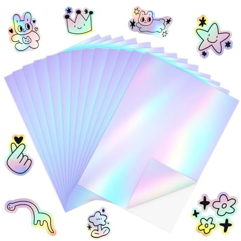 KYYGKY 24 Sheets Holographic Vinyl Sticker Paper for Printer A4, Shiny Self Adhesive Printer Papers Printable Sparkle Sticker Paper Waterproof Sticky Label for Inkjet and Laser Printer