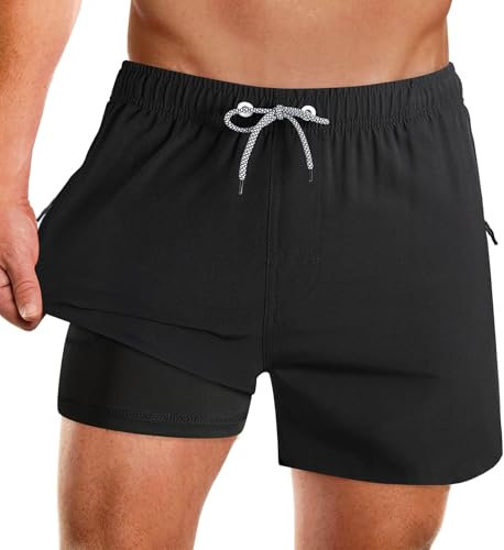 APTRO Herren Badeshorts Badehose mit Innenhose Schnelltrocknend Boardshorts mit Reißverschlusstaschen Sport Shorts Einfarbig Schwarz MK413 XL