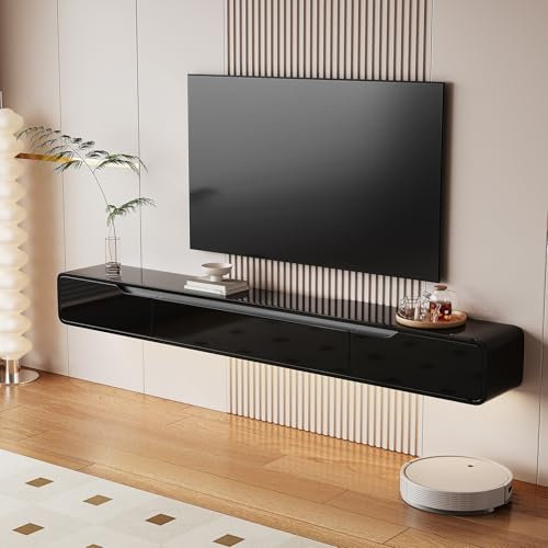 Artifyshore High Gloss Floating TV Stand with 3 Doors,140CM Wall Mounted TV Cabinet,Under TV Console,Floating Media Shelft for Bedroom Living Room(Black)