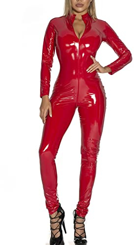 FEOYA Women Catsuit PVC Leather Erotic Clothing Metallic Zipper Sexy Jumpsuit Tights for Cosplay Costumes Party Stage Performance