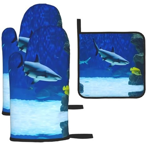 WZYWHJ Shark Chasing Small Fish Printing Oven Mitts Pot Holders Set of 3 - Thick, Durable, and Waterproof Fabric for Heat Protection