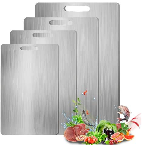 Stainless Steel Chopping Board, Set of 4 Titanium Chopping Board, Antibacterial Double-Sided Stainless Steel Cutting Board, Metal Kitchen Board for Meat, Vegetables, Bread, Easy to Clean, Durable