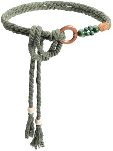 CRASPIRE Boho Tassel Belt Rope Dark Green Waist Belt Cotton Handmade Weaving Bead Ring Bohemian Macrame Braided Woven Long Skinny Apparel Decorative Chain for Women Lady Dress Cloth Outfit Skirt Wrap