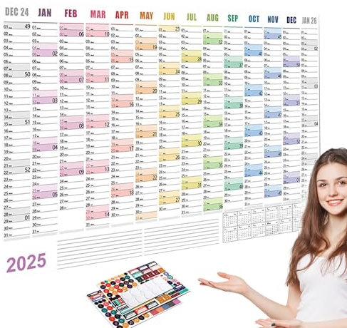Wandkalender 2025, Jahreskalender mit farbigen Aufklebern, multifunktionaler dicker Papierkalender, Jahresplanerblätter für vollen Terminkalender