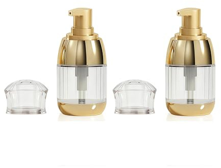 Upstore 2 Pcs 30ml 1oz Clear Plastic Lotion Bottles with Gold Pump Leak Proof Refillable Travel Dispenser Empty Cosmetic Containers for Shampoo Liquid Soap Foundation Essential Oils