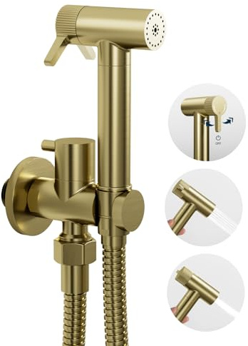 Douchette wc,Sortie d'eau à double mode,Pas besoin d'appuyer sur l'eau,Or brossé Douchette WC Multifonction,avec Support et 1.2m Tuyau,Pour Hygiène Intime,Nettoyage de salle de bain