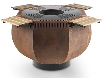 WOX Feuerschale mit Grillring – Feuerkorb & BBQ-Grill aus Cortenstahl, 115 x 115 x 80 cm, 110 kg, inkl. Plancha (6 mm), Abdeckhaube, Beistelltisch & Kochschürze – sofort einsatzbereit